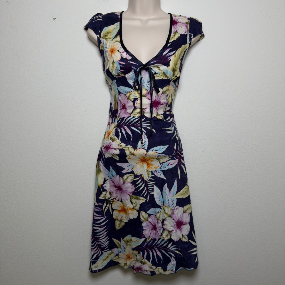VTG Y2K Sweet Miss Women Bias Cut Linen Cotton Babydoll Dress Blue Floral Corset